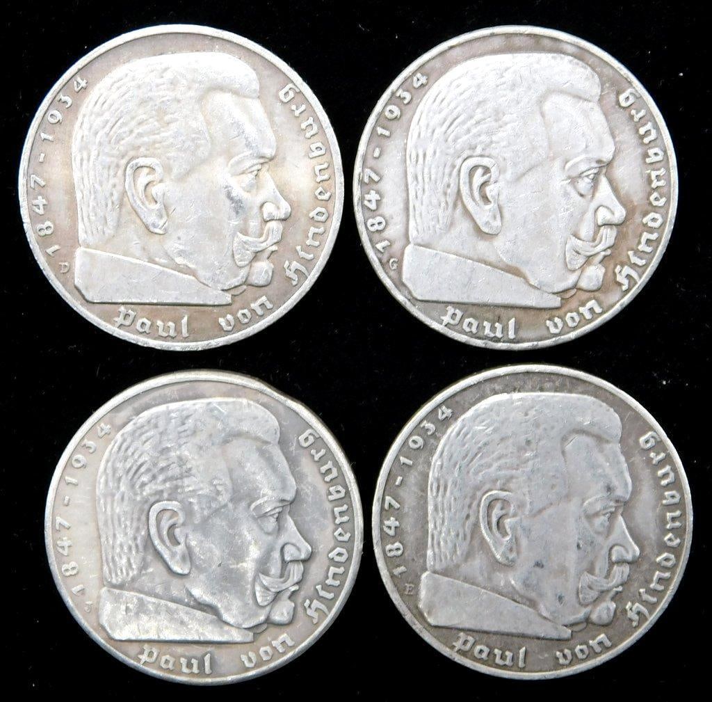 German WWII Chancellor Paul von Hindenburg 5 Mark Silver Coins, Four (4): Excellent condition. Die-struck construction. Front reads Paul von Hindenburg 1847 1934. Shows a bust profile image of him in the center. Reverse shows a German eagle clutching a swastika in its talon