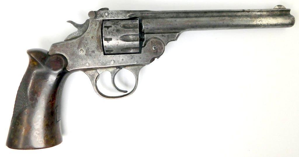 Iver Johnson .22 Caliber, 22 Supershot Revolver: Old West Iver Johnsons Arms 22 Supershot Cowboy Era Pistol. The top of the barrel is maker marked IVER JOHNSONS ARMS and CYCLE WORKS FITCHBURD MASS USA. The side of the barrel is marked 22 SUPERS