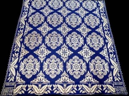 1846 Christian Van Nortwick American Jacquard Woven Coverlet for William Weller: Woven for William Weller by Christian Van Nortwick, Asbury, New Jersey, 1846 Interestingly woven for a man which was more uncommon Features a blue and white geometric and floral pattern, with the