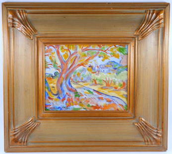 Framed Oil Painting Signed 'G. Braque' with Landscape Motif: Oil painting signed G. Braque, depicting a vibrant landscape with a prominent tree and colorful surroundings The artwork is complemented by a finely crafted, gold-toned frame featuring ribbed