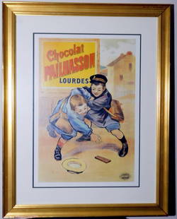 Advertising poster for Chocolat Pailhasson, Framed: Advertising poster for Chocolat Pailhasson, featuring an illustration of two children playfully tussling, one reaching for a chocolate bar Vibrant colors and prominent text highlight the Pailhasson