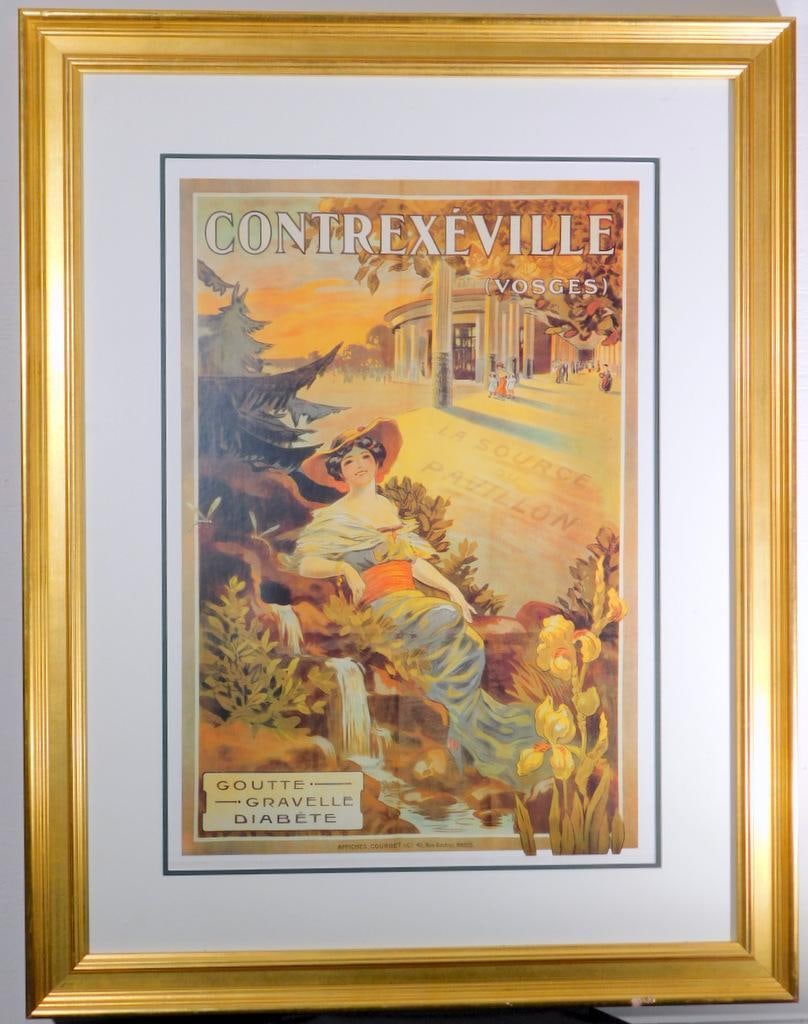 Framed Classic Contrexeville Vosges Poster by Affiches Courbet, Paris: Framed advertising poster for Contrexeville, Vosges, designed by Affiches Courbet & Cie, 46 Rue Basfroi, Paris The artwork features a seated woman amid a scenic natural setting promoting the locat