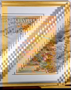 Framed Classic Contrexeville Vosges Poster by Affiches Courbet, Paris: Framed advertising poster for Contrexeville, Vosges, designed by Affiches Courbet & Cie, 46 Rue Basfroi, Paris The artwork features a seated woman amid a scenic natural setting promoting the
