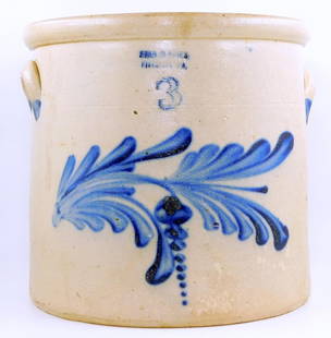 Evan R. Jones 3-Gallon Stoneware Crock w/ Blue Floral Decoration: A 3-gallon stoneware crock by Evan R. Jones of Pittston, Pennsylvania, featuring a cobalt blue floral design Piece has applied lug handles with cobalt accents Measures 3 gallons, as marked on the fron