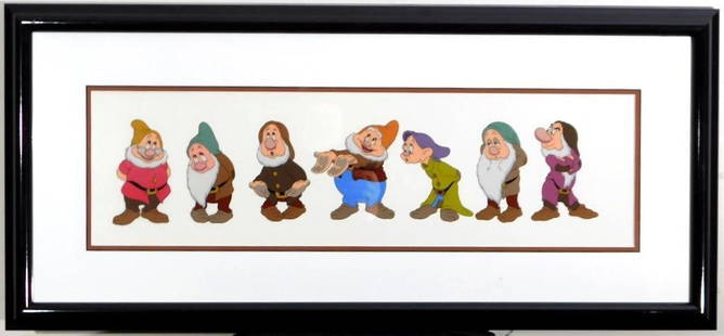 Original Walt Disney Snow White & Dwarfs Time to Wash Up SeriCel, Framed: Always sought after Disney animation art Framed, ready to hang, glass Walt Disney Company Certified SeriCel Silver Seal Edition Size: 5,000 Includes COA Excellent condition Measures: 34 1/4 W x 15 1/2