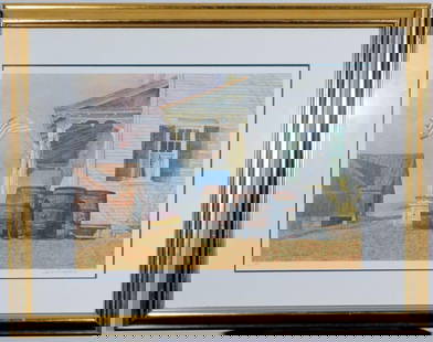 David Armstrong Print Mountain Air", Framed, Signed, and Numbered: Mountain Air is a signed and numbered limited edition offset lithograph of a watercolor by artist David Armstrong&nbsp; Hand signed and numbered 378/950 Gold gilt frame, glass Measures: 37 W x 29 T&nb