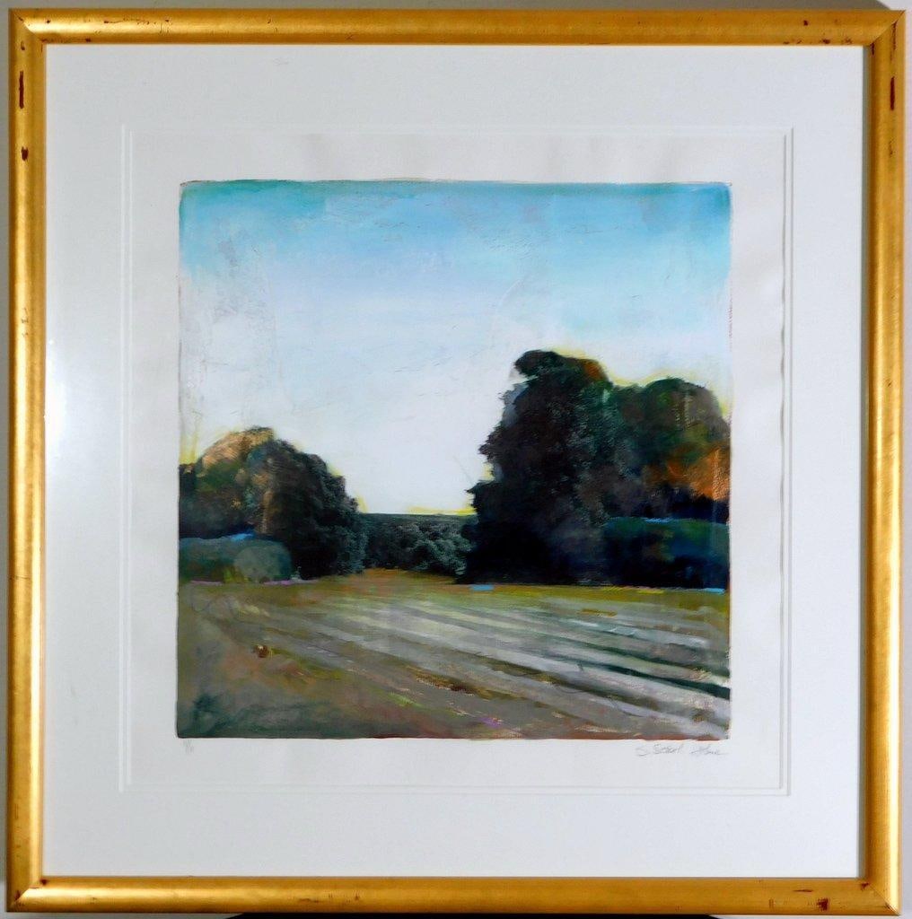 Landscape Painting By Listed Artist Starlie Sokol-Hohne in Gilt Frame: Original landscape painting signed by S. Sokol Holm Depicts a serene outdoor scene with trees and open fields Created with mixed media/acrylic on paper mounted under glass Includes artist's signa