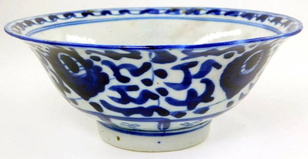 Antique Chinese Blue and White Ceramic Bowl w/ Hand-Painted Designs and Marked Base: A ceramic bowl featuring a hand-painted blue and white design with intricate patterns on both the exterior and the interior The bowl has a slightly flared rim with abstract motifs decorating the sides