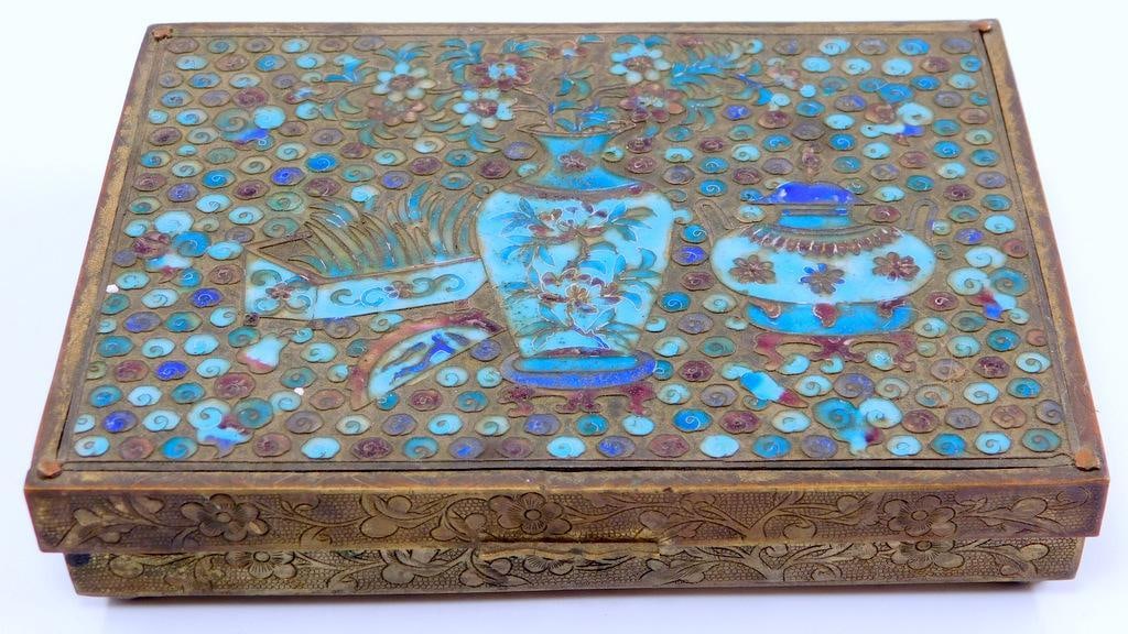 Rectangular Metal Box w/ Cloisonne Decoration of Floral and Vase Motifs (1 of 9)