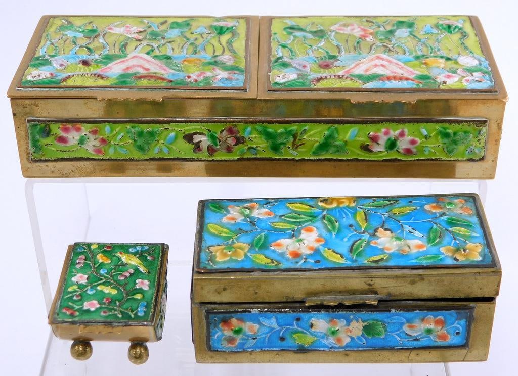 Grouping of Three Chinese Brass Metal Boxes w/ Floral Enamel Designs (1 of 20)