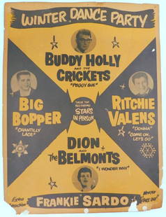 Rare Winter Dance Party Poster Buddy Holly, Big Bopper, Richie Valens, Dion and Frankie Sardo: The Day the Music Died Historically important rock and roll concert poster in our opinion Shows so very well, look at all the images, amazing Tears to the corners, we even left the thumbtacks in it as