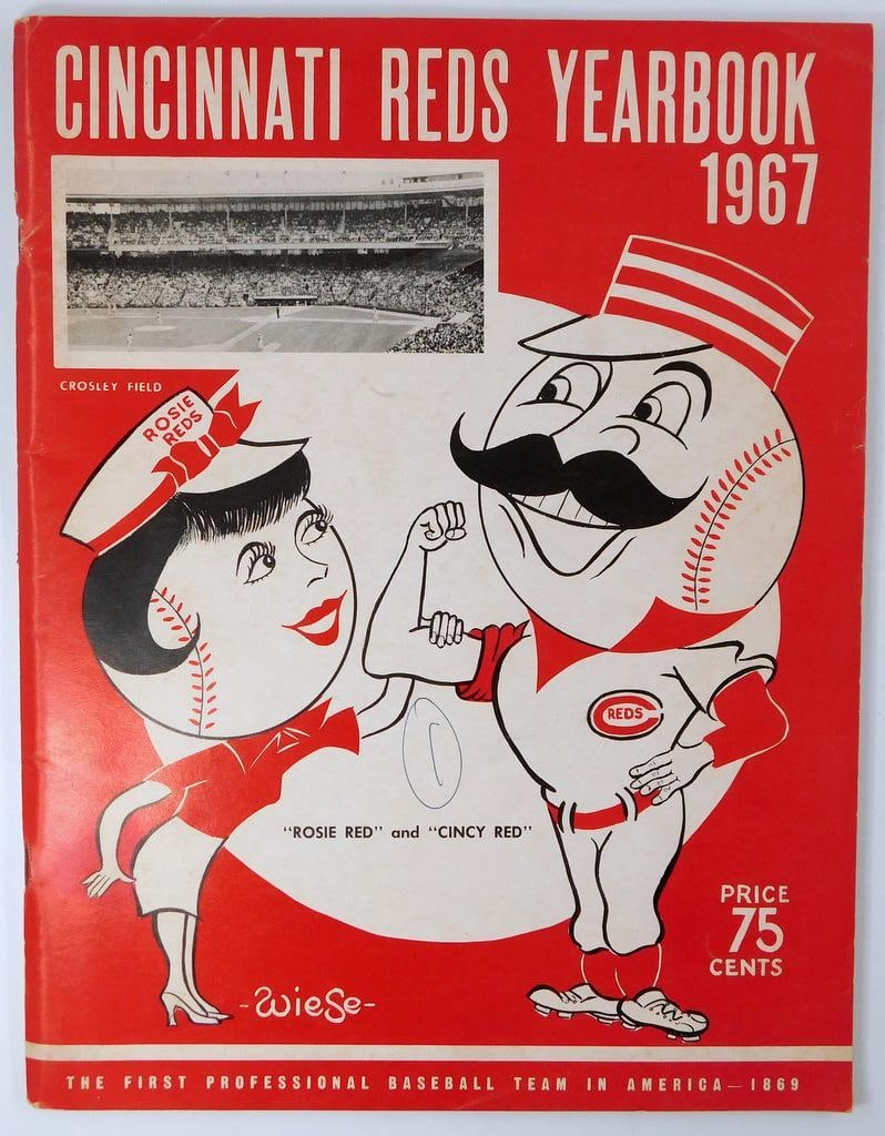 Cincinnati Reds 1967 Yearbook: Cincinnati Reds yearbook from 1967 showcasing content about the team, including player profiles (such as Pete Rose and John Bench), team statistics, and advertisements Front cover features Rosie Red a