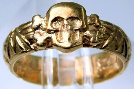 SS 'Totenkopf' 8K Gold Himmler Presentation Inscribed Honor Ring: WWII German Death's Head gold ring, this is not from WWII Ring special order museum quality creation, lots of detail Interior of the ring bears engravings, including the date 7.9.36 and the replicated