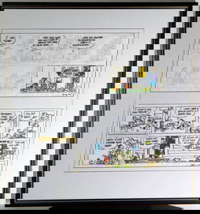 Budd Blake Tiger Comic Strip Art Featuring Original Sketches and Color Panels, 1997: Famous cartoonist illustrator Bud Blake original framed set of two Tiger comic strips Includes original pencil sketches and corresponding hand-colored panels Featuring humorous scenes, both are dated