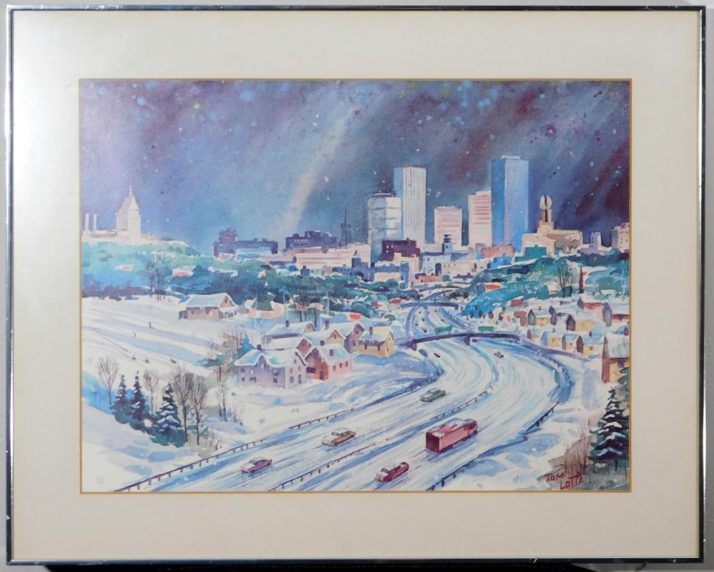 Listed Artist Tom Lotta Winter Cityscape Painting w. Frame: Painting by artist Tom Lotta depicting a winter cityscape featuring a skyline, snow-covered residential area, and vehicles on a winding roadway Watercolor, enclosed within a simple metallic frame Sign