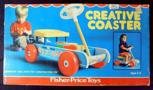 Fisher-Price Creative Coaster Riding Toy w/ Original Box: Fisher-Price Creative Coaster, a multifunctional toy that serves as a riding toy, pull-push toy, and construction toy. Includes seat, steering wheel, colorful plastic blocks, and rods for creative pla