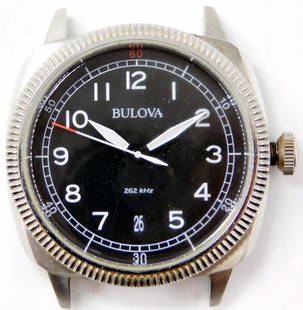 Bulova Men's Military UHF Black Dial Watch 96B229: Bulova stainless steel watch case with Ultra High Frequency 262 kHz marked on the black dial Features luminous hands, a red second hand, and a rotating bezel The case back is marked Water Resistant 10