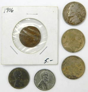 7 U.S. Coins Including 1906 Indian Head Cent and Buffalo Nickels: 7 U.S. coins consisting of a 1906 Indian Head Cent in a protective holder, two Buffalo Nickels, one Jefferson Nickel dated 1960, and three Lincoln Cents including two 1943 Steel Cents, and 2000 Mass.
