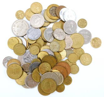 World Coins with Various Denominations: World coins, including currencies from various countries, with a range of denominations and designs All for one money The grouping features coins of different materials, sizes, and years of minting, i