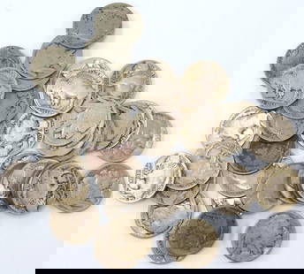 Buffalo Nickels - Mixed Dates, Dozens of Coins: Unsearched Roughly three dozen Buffalo Nickels, each bearing the iconic design of a Native American on the obverse and an American buffalo on the reverse The coins display varying conditions with visi