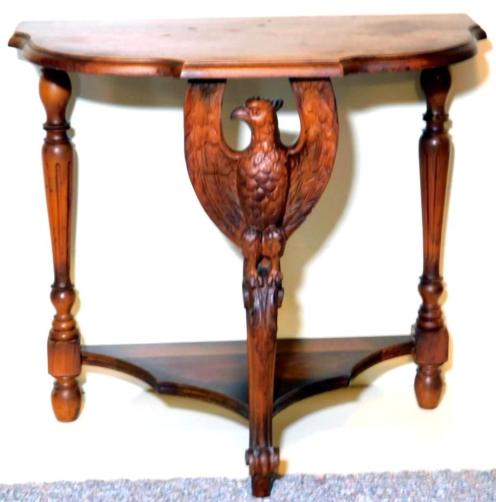 Wooden Console Table w/ Carved Eagle Motif and Turned Legs: Detailed eagle front make this table desirable Console table made of wood featuring a detailed carved eagle motif as the central support It has a half-rounded top design and turned legs with a lower t