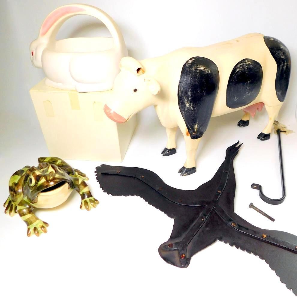 Decorative Animal Figures Including Rabbit Basket, Cow, Frog, and Metal Bird Weathervane (1 of 11)
