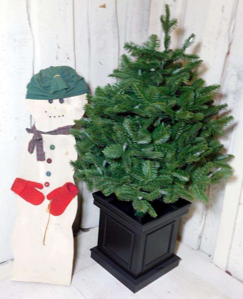 Artificial Evergreen Christmas Tree in Black Planter w/ Wooden Snowman Decoration (1 of 6)