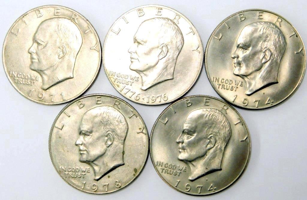 Five Eisenhower Dollar Coins (1971, 1974, 1976, 1978) (1 of 7)