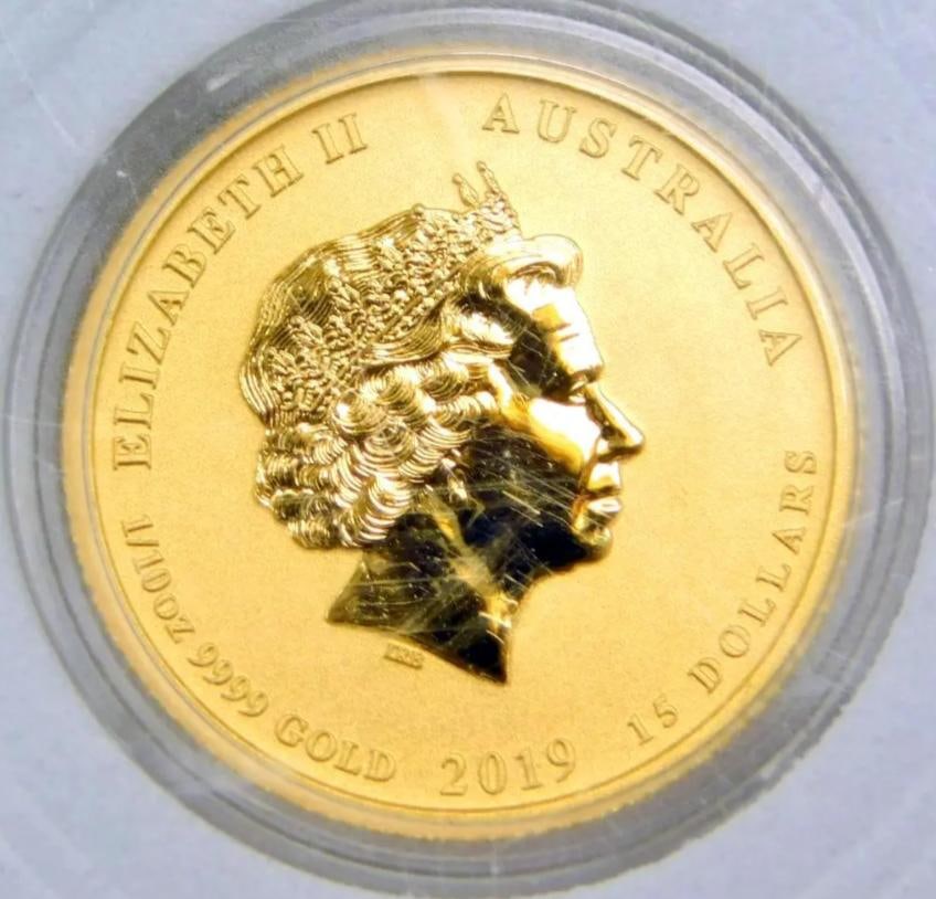 2019 Australian Lunar Series Year of the Pig 1/10 oz Gold Coin: 2019 Australian Lunar Series coin featuring the Year of the Pig design Minted by Perth Mint, this 1/10 oz coin is made of 99.99% pure gold with a denomination of 15 Australian Dollars The obverse