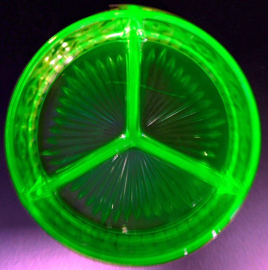 Uranium Depression Glass Divided Dish w/ Metal Holder - 2