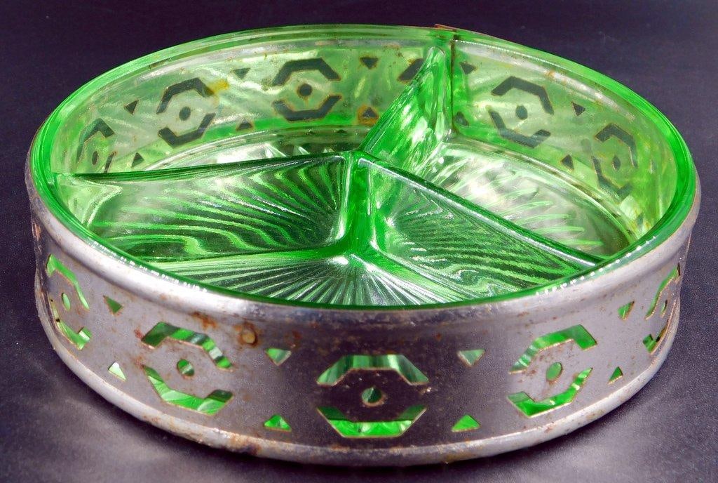 Uranium Depression Glass Divided Dish w/ Metal Holder - 3