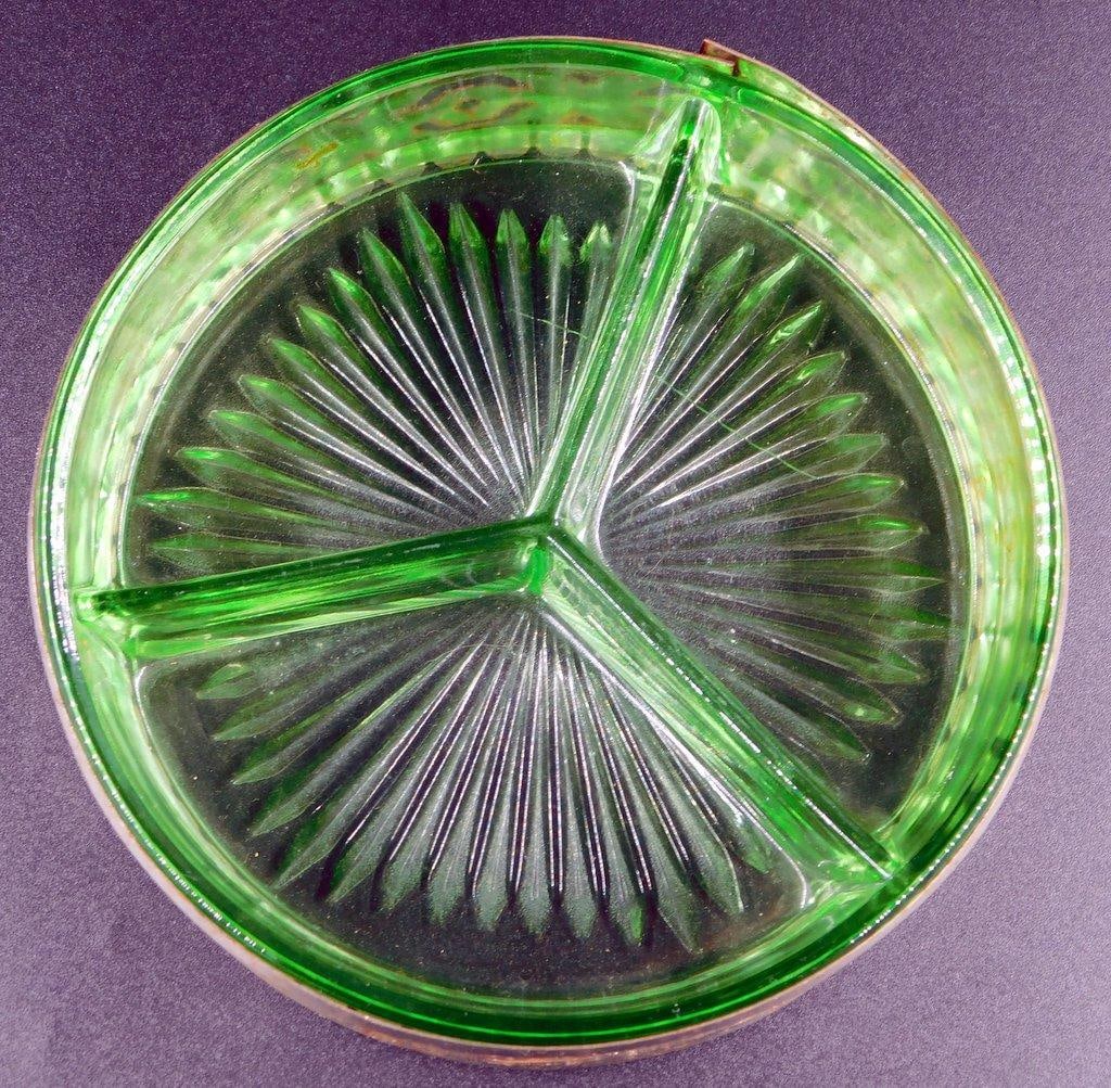 Uranium Depression Glass Divided Dish w/ Metal Holder - 4