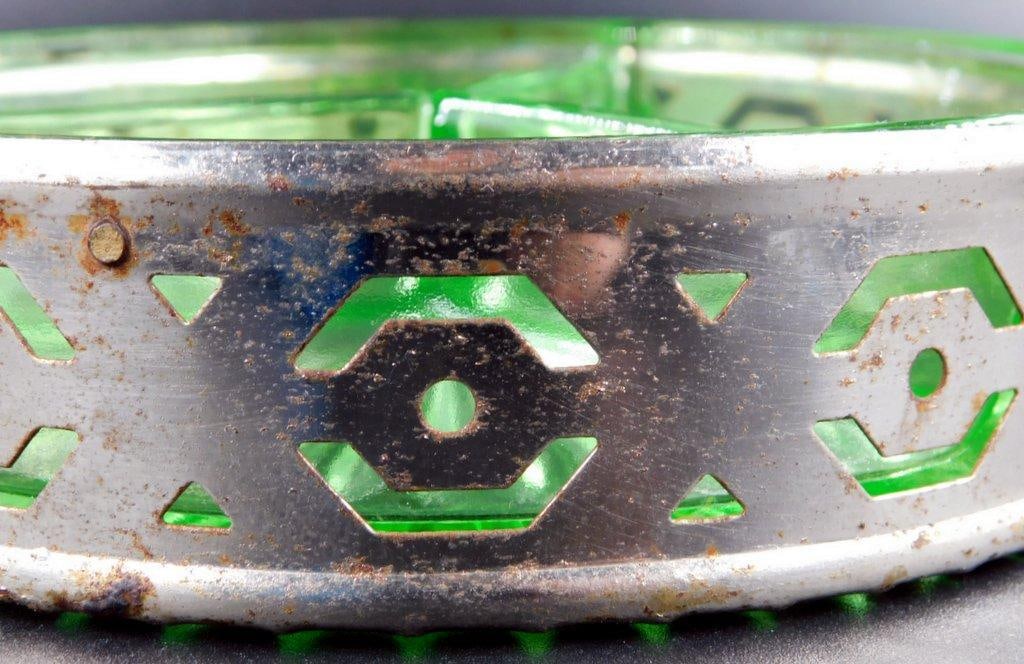 Uranium Depression Glass Divided Dish w/ Metal Holder - 5