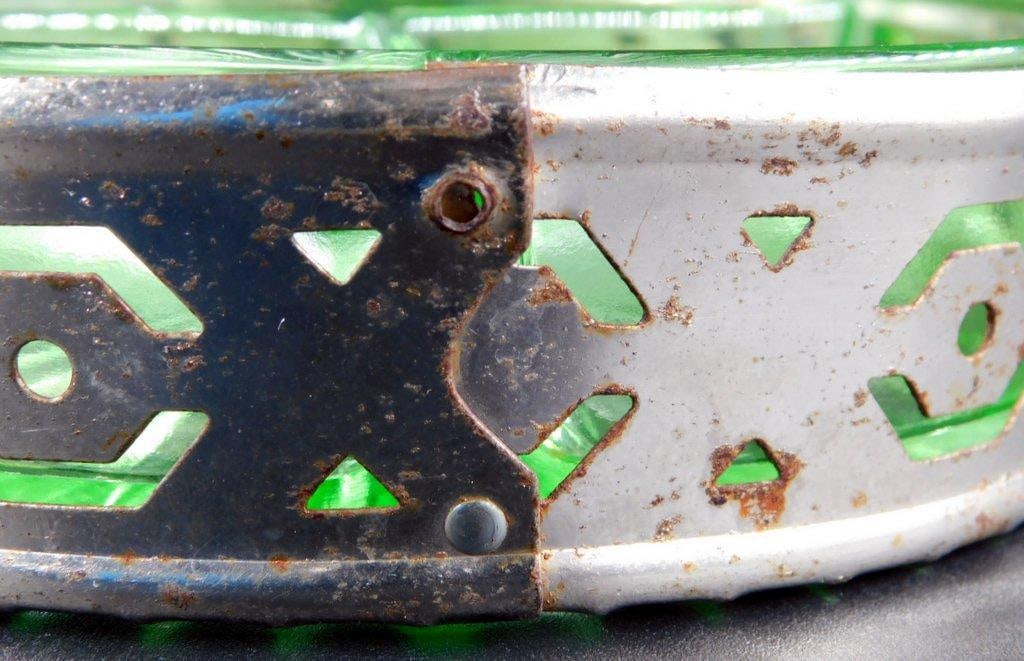 Uranium Depression Glass Divided Dish w/ Metal Holder - 6