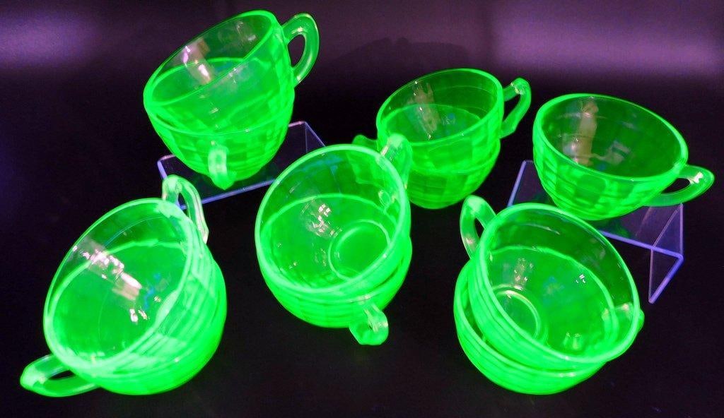 Set of Uranium Glass Teacups w/ Fluorescent Glow, (11) (1 of 5)