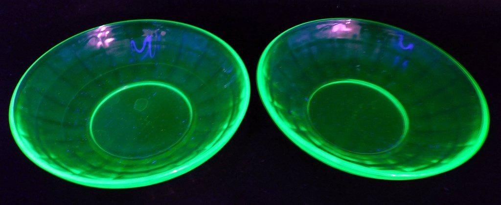Green Uranium Glass Bowls w/ Ribbed Design, (2) - 2