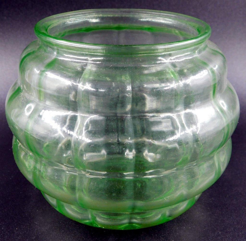 Green Uranium Glass Ribbed Bowl in Bulbous Form - 2