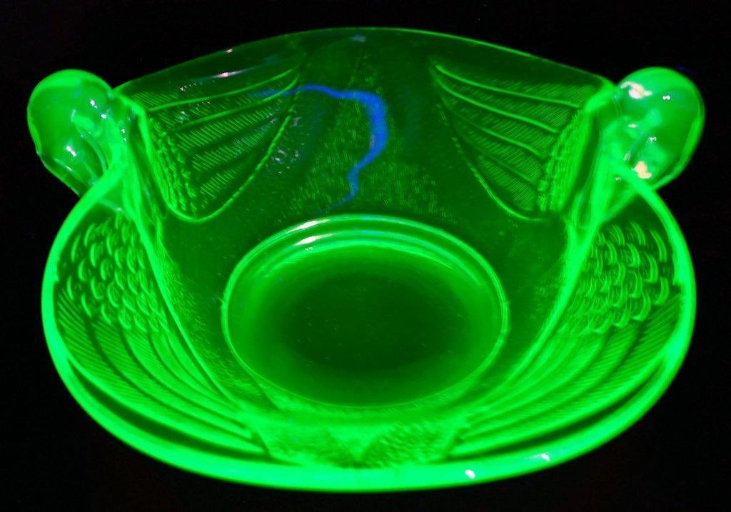 Fenton Green Uranium Glass Candy Dish Bowl w/ Swan Handles - 2