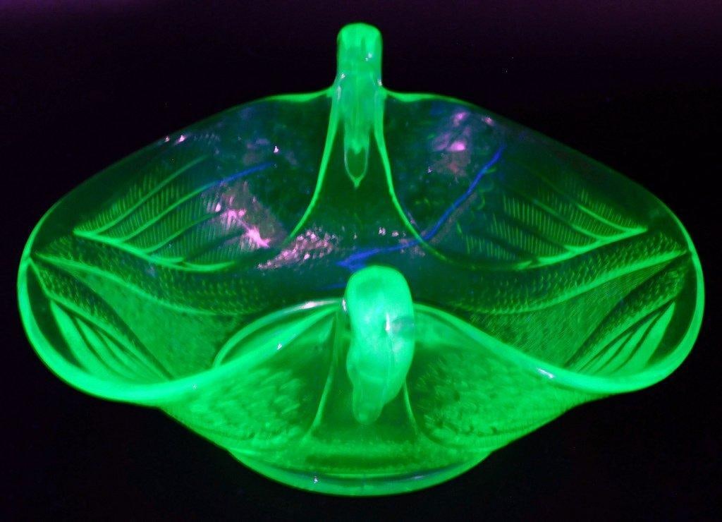 Fenton Green Uranium Glass Candy Dish Bowl w/ Swan Handles - 3