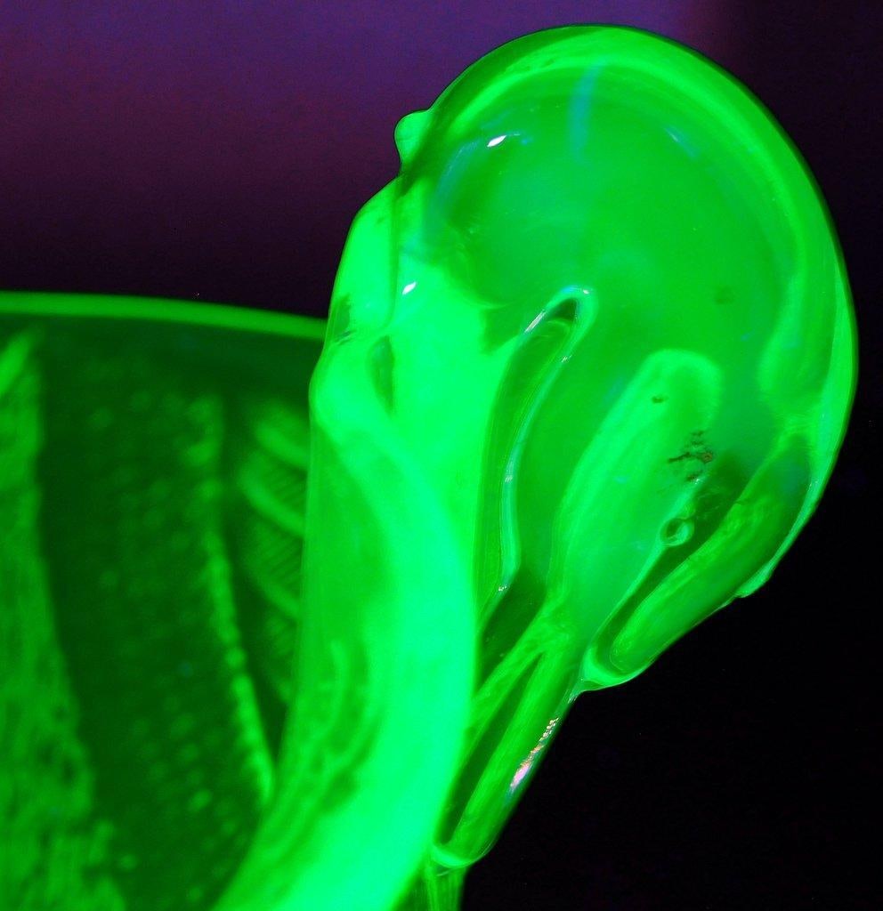 Fenton Green Uranium Glass Candy Dish Bowl w/ Swan Handles - 4