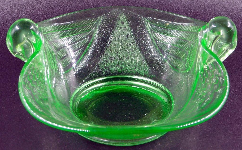 Fenton Green Uranium Glass Candy Dish Bowl w/ Swan Handles - 5