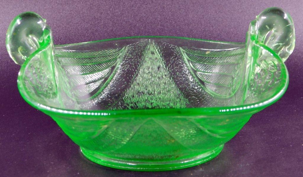 Fenton Green Uranium Glass Candy Dish Bowl w/ Swan Handles - 6