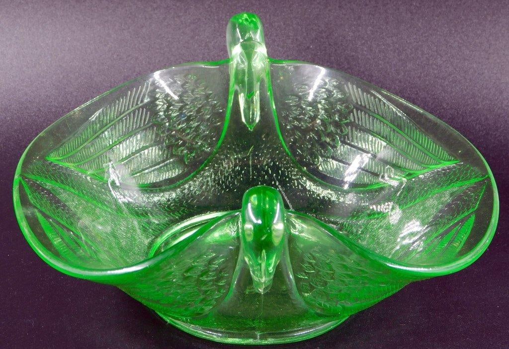 Fenton Green Uranium Glass Candy Dish Bowl w/ Swan Handles - 7