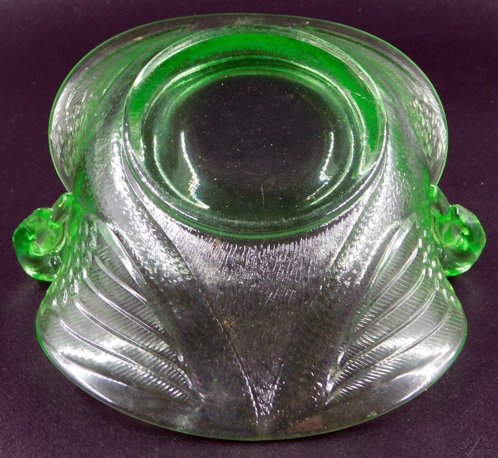 Fenton Green Uranium Glass Candy Dish Bowl w/ Swan Handles - 9