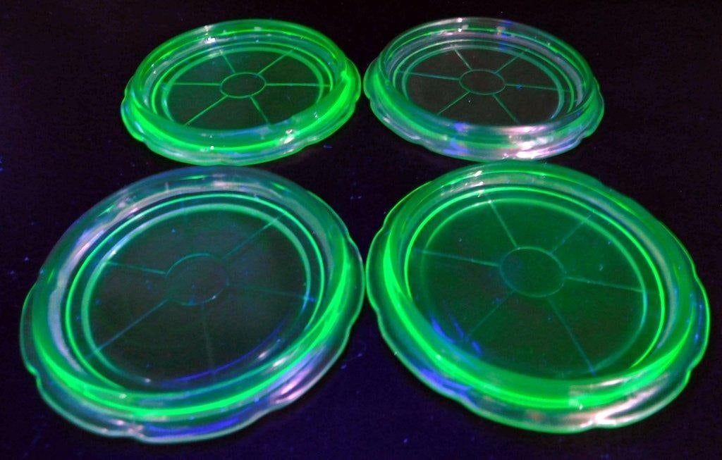 Set of Four Green Depression Uranium Glass Coasters (1 of 9)