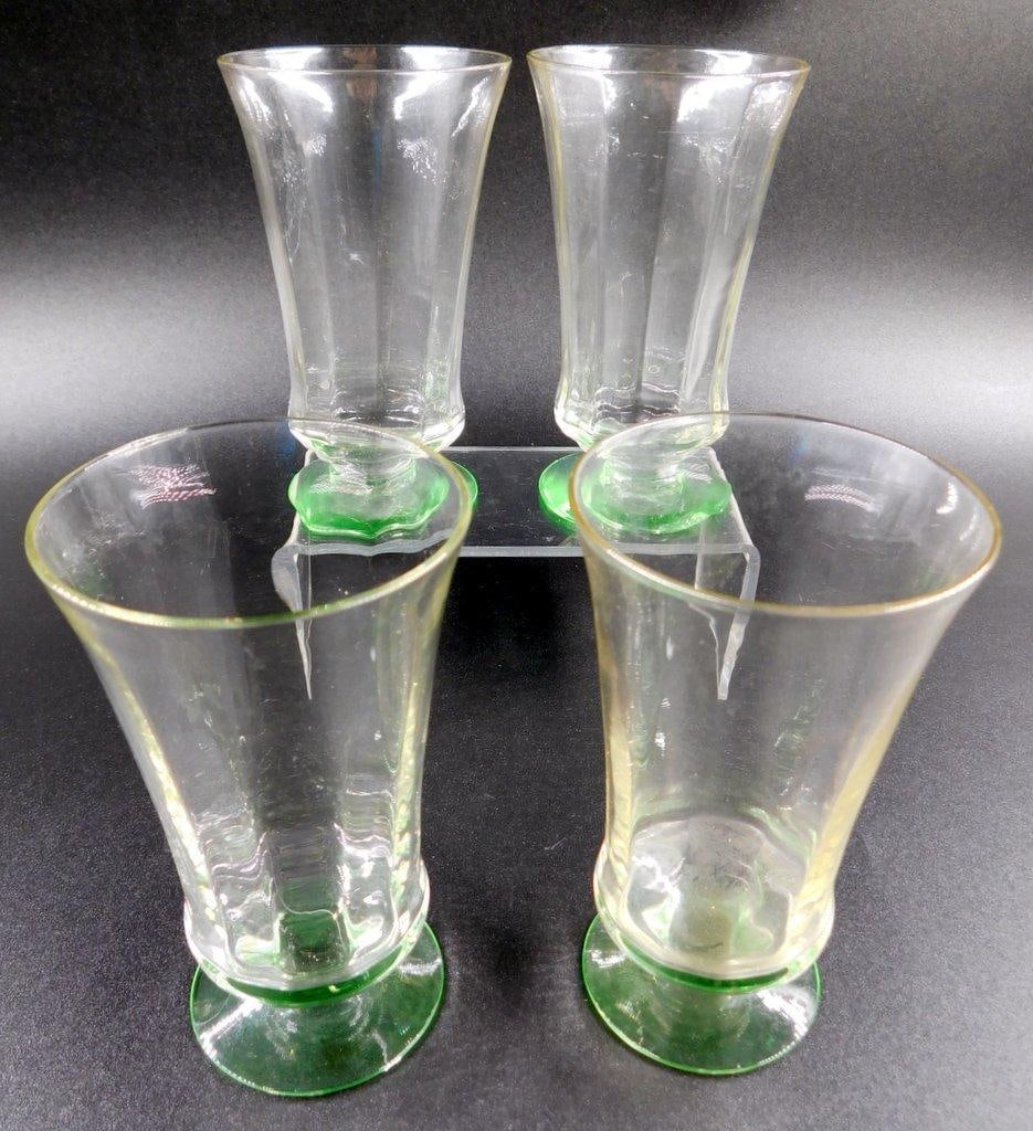 Uranium Glass Footed Tumblers w/ Green Bases, (4) - 3