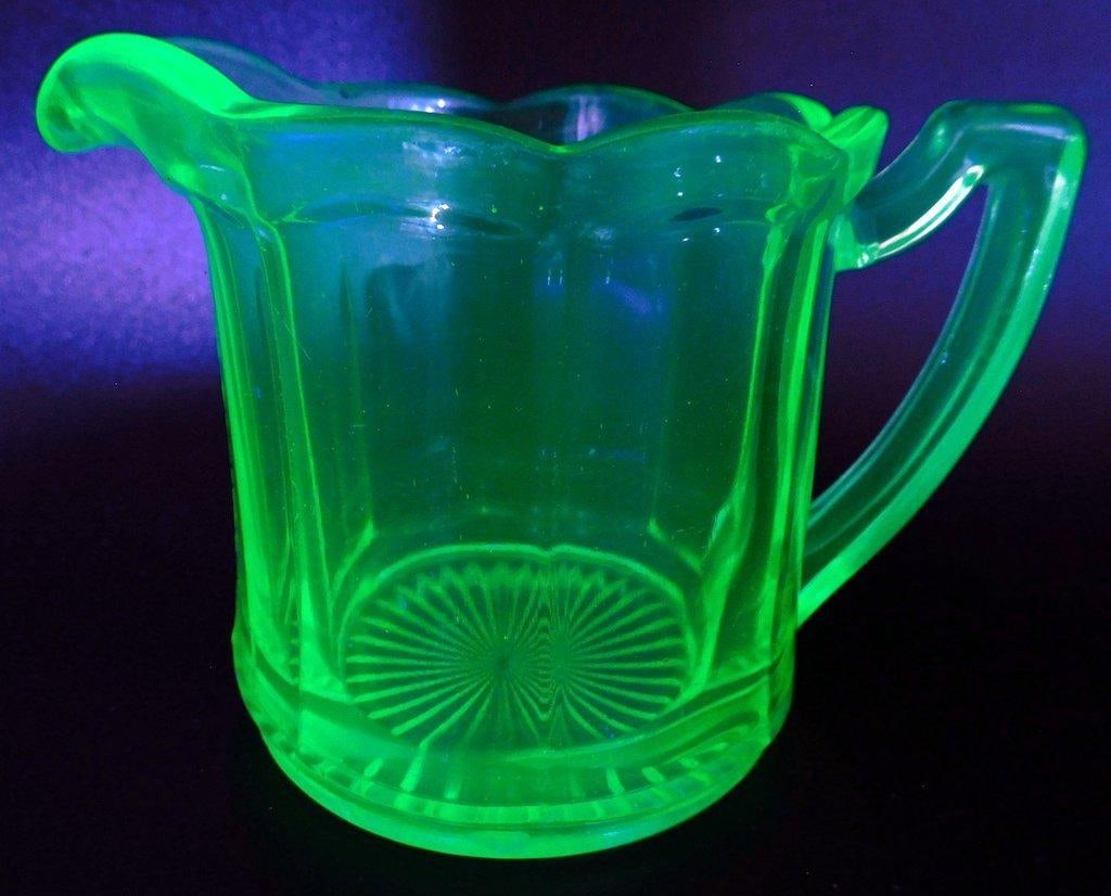 Green Depression Uranium Glass Creamer and Sugar Dish w/ Scalloped Rim - 2