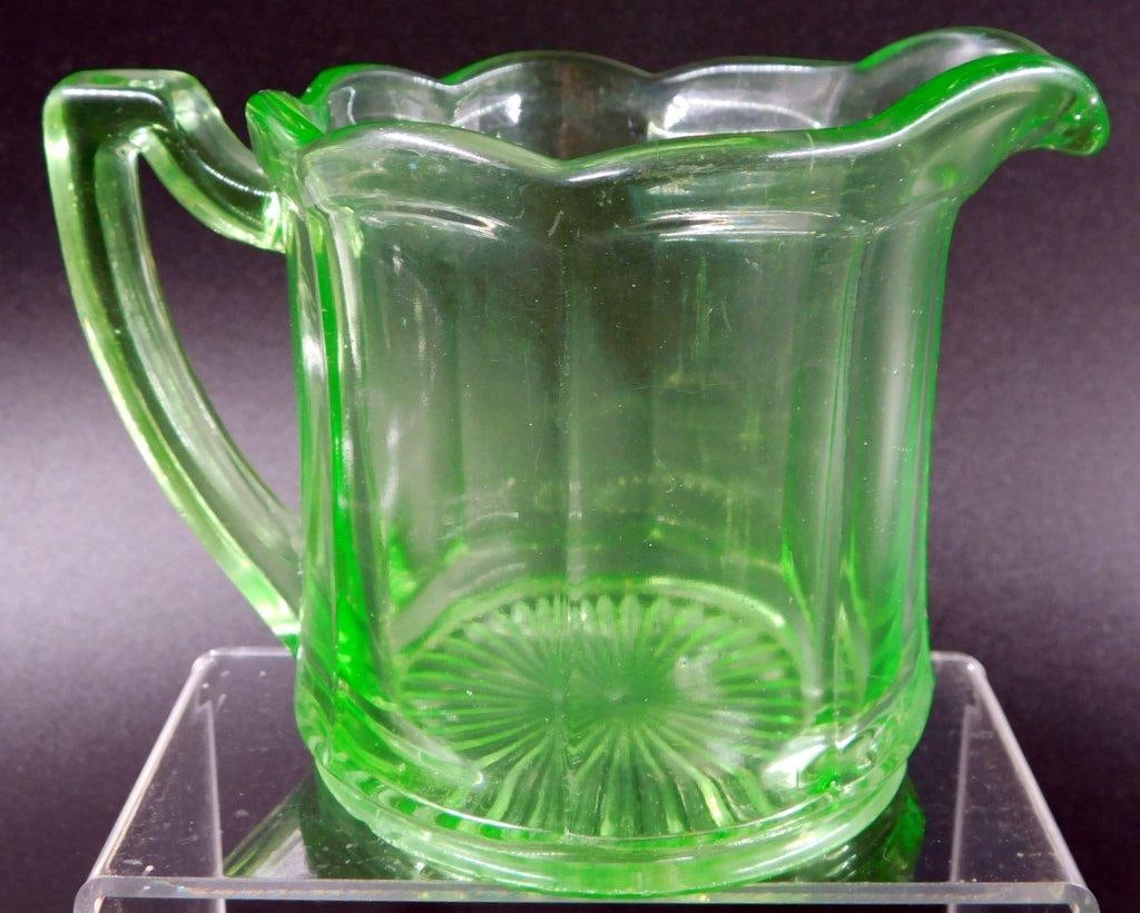 Green Depression Uranium Glass Creamer and Sugar Dish w/ Scalloped Rim - 7