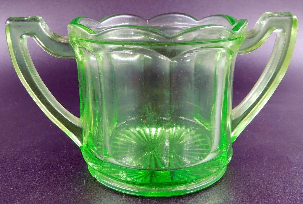 Green Depression Uranium Glass Creamer and Sugar Dish w/ Scalloped Rim - 8