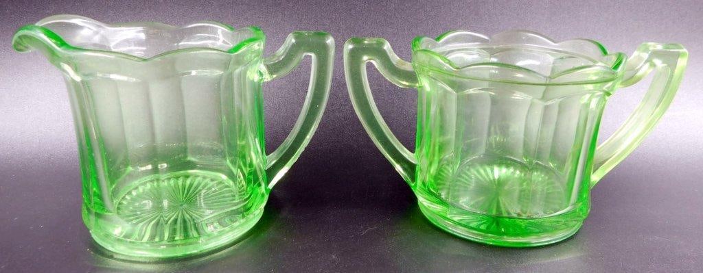 Green Depression Uranium Glass Creamer and Sugar Dish w/ Scalloped Rim - 9